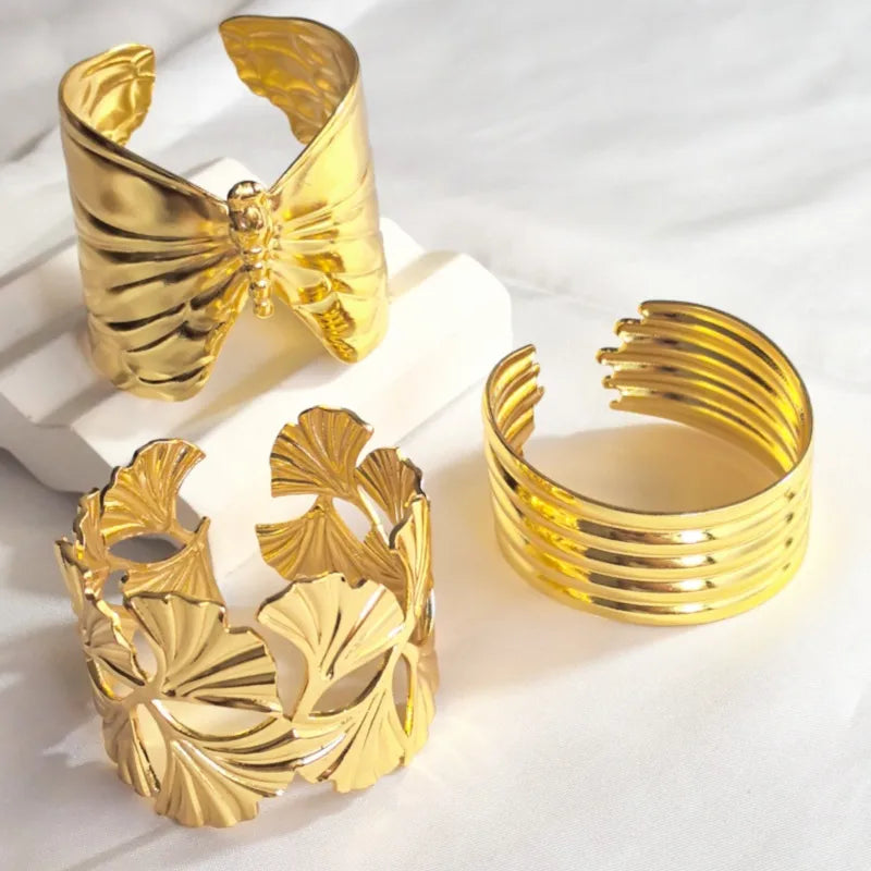 Gold Butterfly & Ginkgo Leaf Stainless Steel Bangle