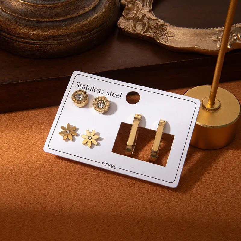 Geometric Floral Stainless Steel Earrings Set