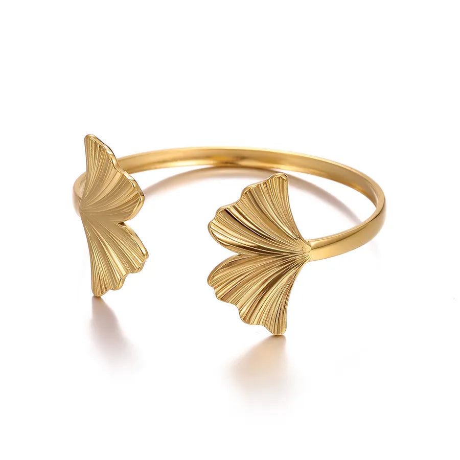 18K Gold Plated Leaf & Flower Open Bangle Bracelet