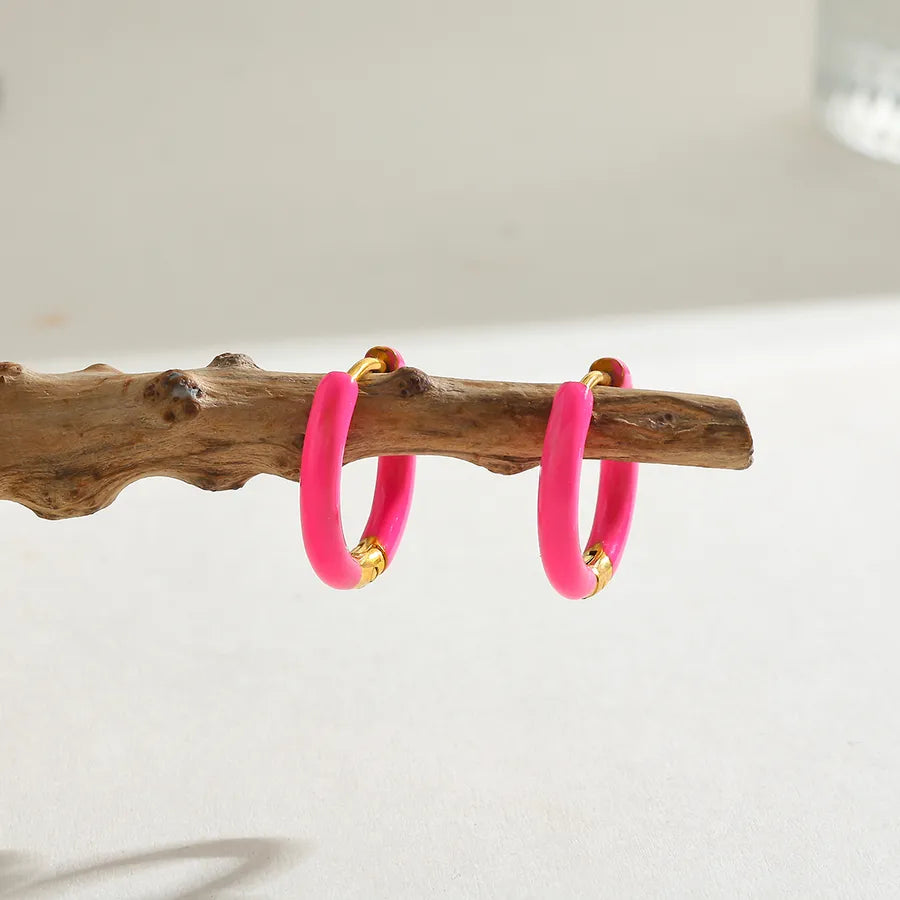 18K Gold Plated Round Stainless Steel Earrings Pink-16.48*17.26*2.86mm