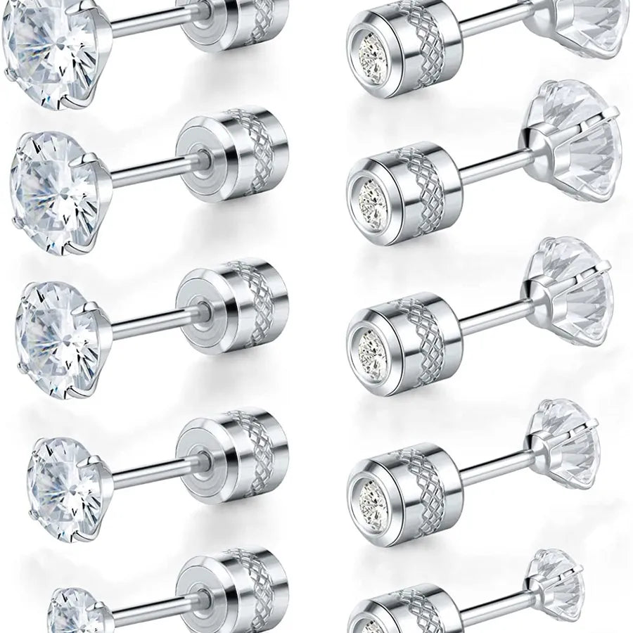 Geometric Stainless Steel Ear Studs White Gold Round Stud Earrings Set of 5 Pairs 2mm–6mm