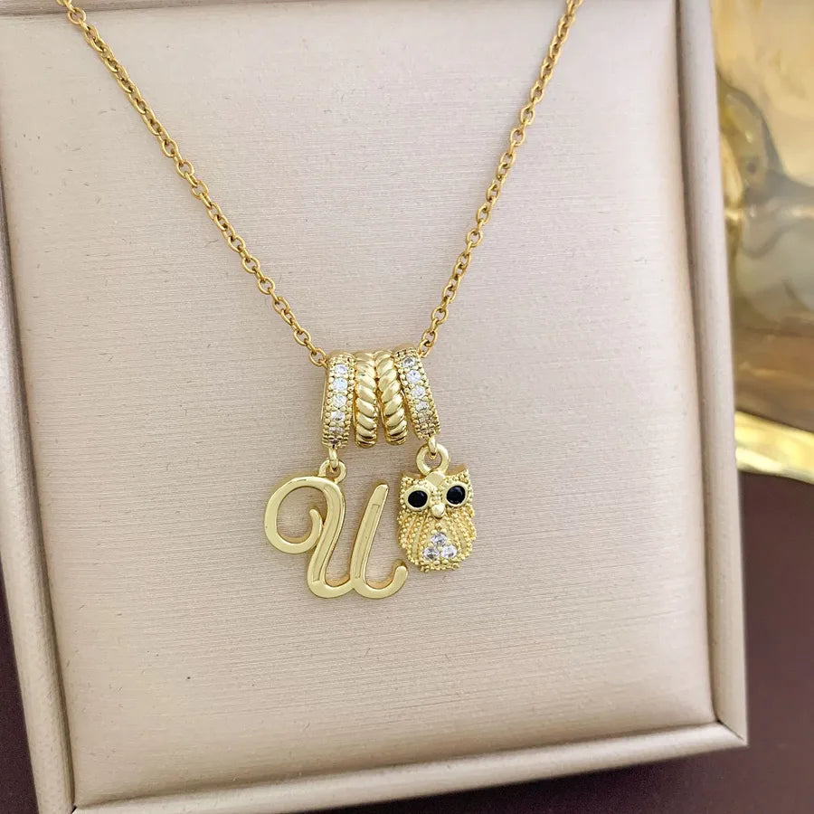 Aurora Star Pendant Necklace – Titanium & Zircon XL4626 Owl Letter U Combination Necklace Gold