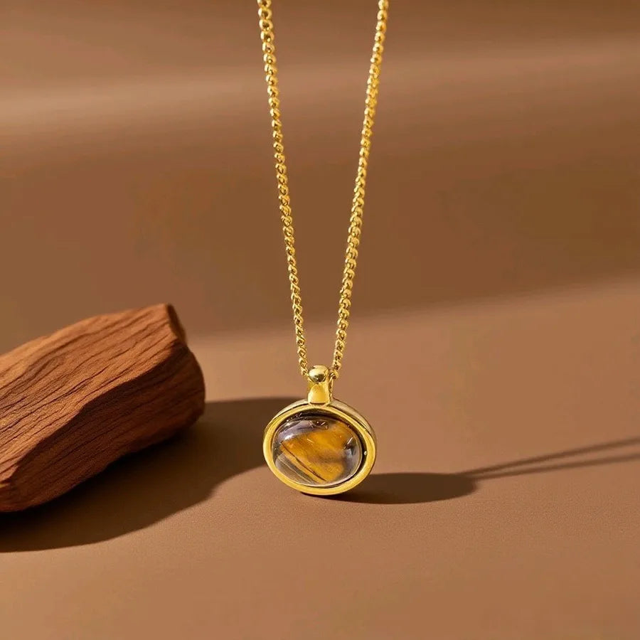 Titanium Steel Heart Pendant Necklace X0406-Oval Tiger Eye Stone-Necklace- Gold