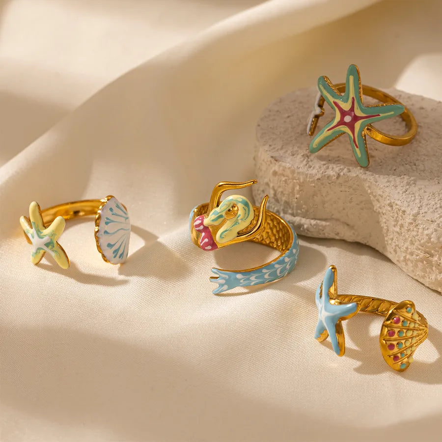 Gold Mermaid & Starfish Stainless Steel Ring