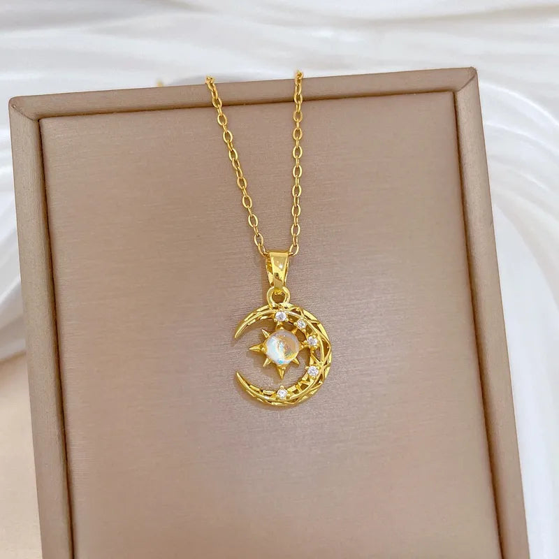 Gold Butterfly & Fish Choker Necklace E509 Titanium Steel Chain Copper Pendant