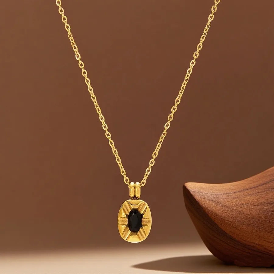 Elegant Titanium Steel Pendant Necklace X091-Oval Black Diamond-Necklace- Gold