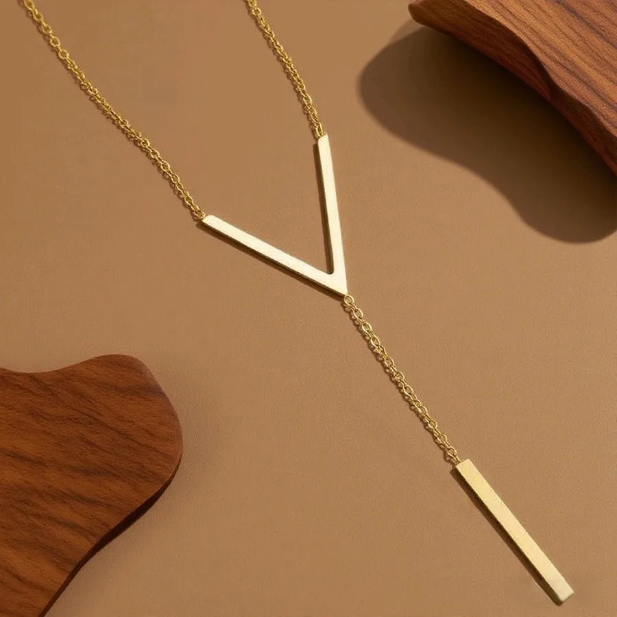 Titanium Steel Heart Pendant Necklace X0369-V-shaped Long Strip Necklace - Gold