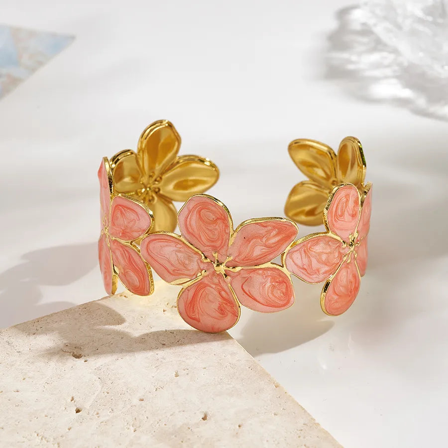 Colorful Flower Open Bangle – 18K Gold Plated