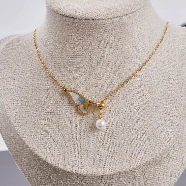 Gold Butterfly & Pearl Charm Pendant Necklace