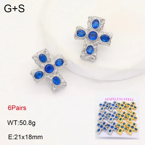 Gold Cross Zircon Earrings – Titanium Steel 21*18mm Lake Blue Diamond Two colors 6 Pairs Card