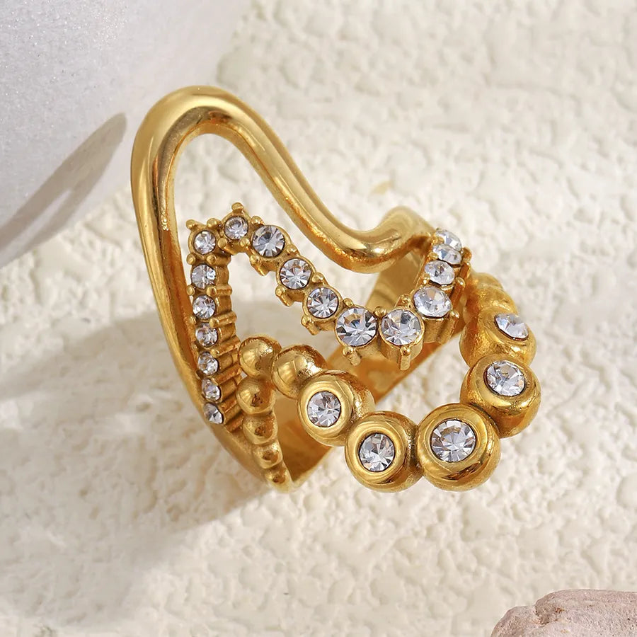 18K Gold Wave Ring with Zircon for Women