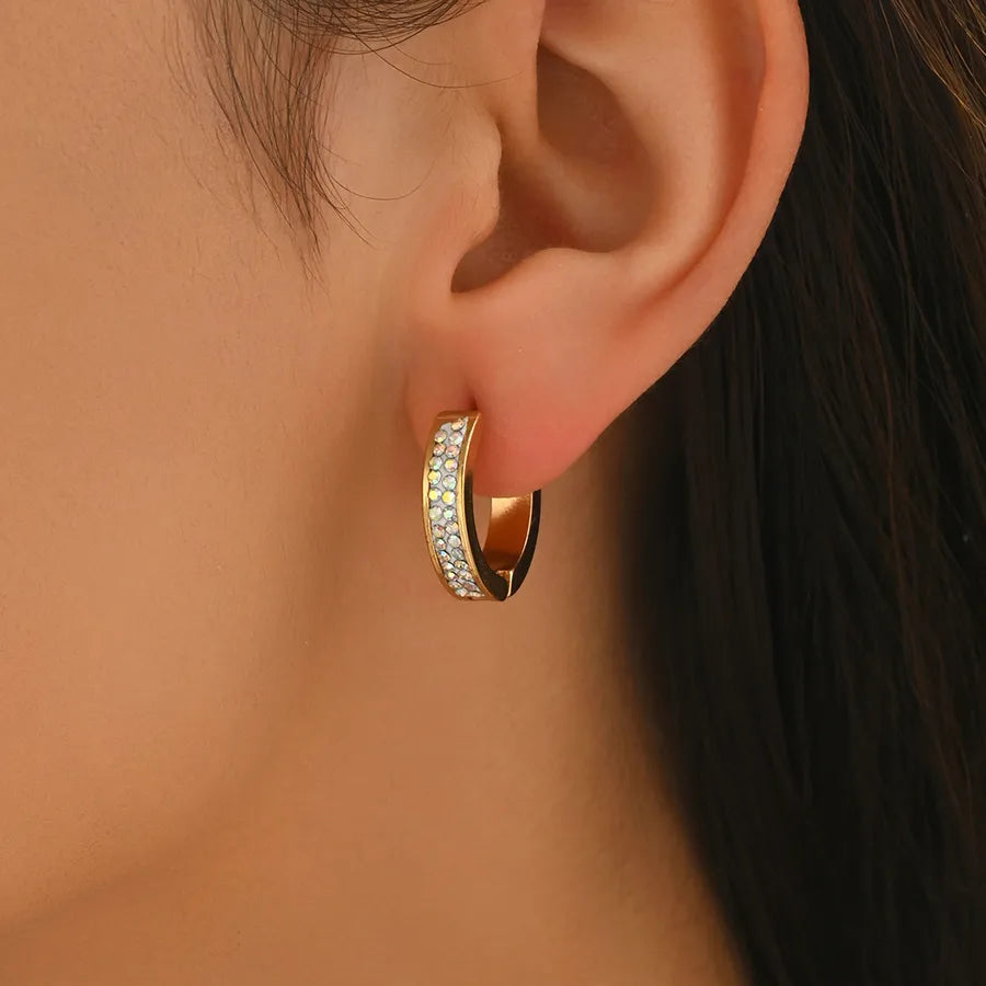 Gold Plated Rhinestone Double Row Hoop Earrings