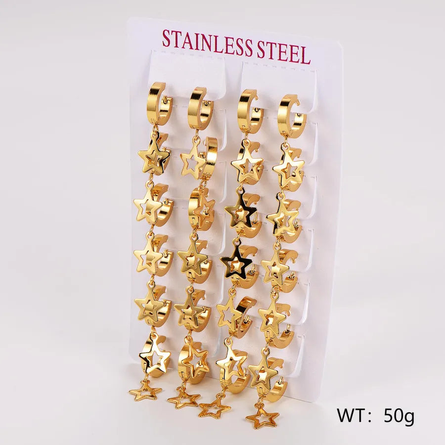 Gold Stainless Steel Star & Heart Ear Cuffs - 12 Pairs Hollow pentagram