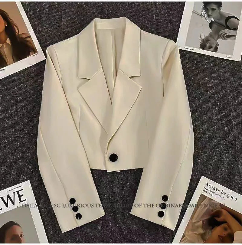 Short Black Single-Button Women's Blazer Beige