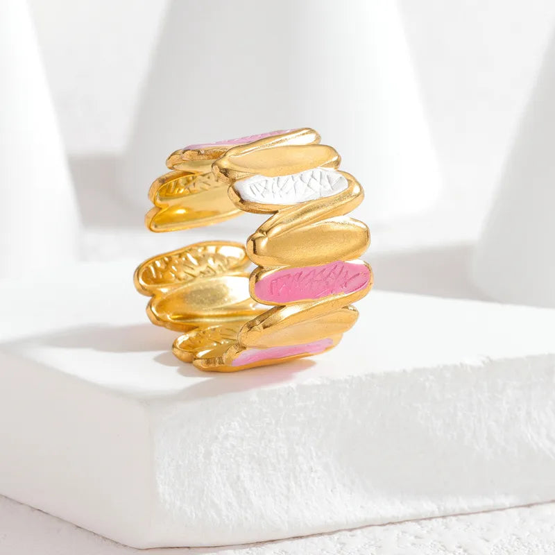 18K Gold Plated Enamel Stainless Steel Ring R879-Pink