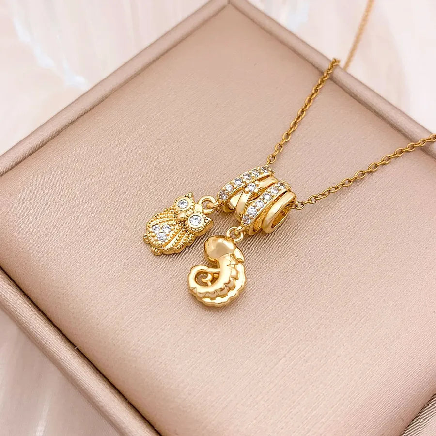 Gold Plated Heart & Eye Zircon Pendant Necklace XL4558 Owl and Seahorse Combination Necklace Gold