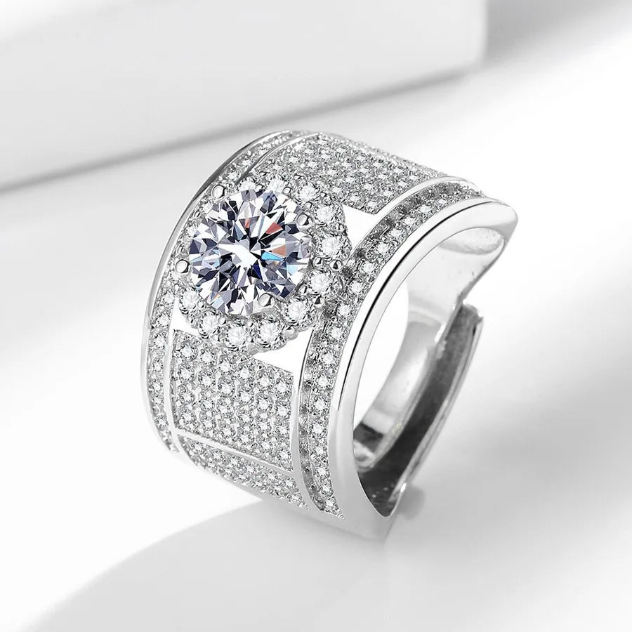 Men's Wide Geometric Diamond Ring in S925 Silver White Gold Color (Main Stone 2 Karat 8mm)