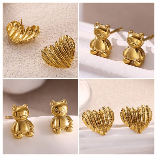 3D Bear Heart Earrings – Stainless Steel Luxury