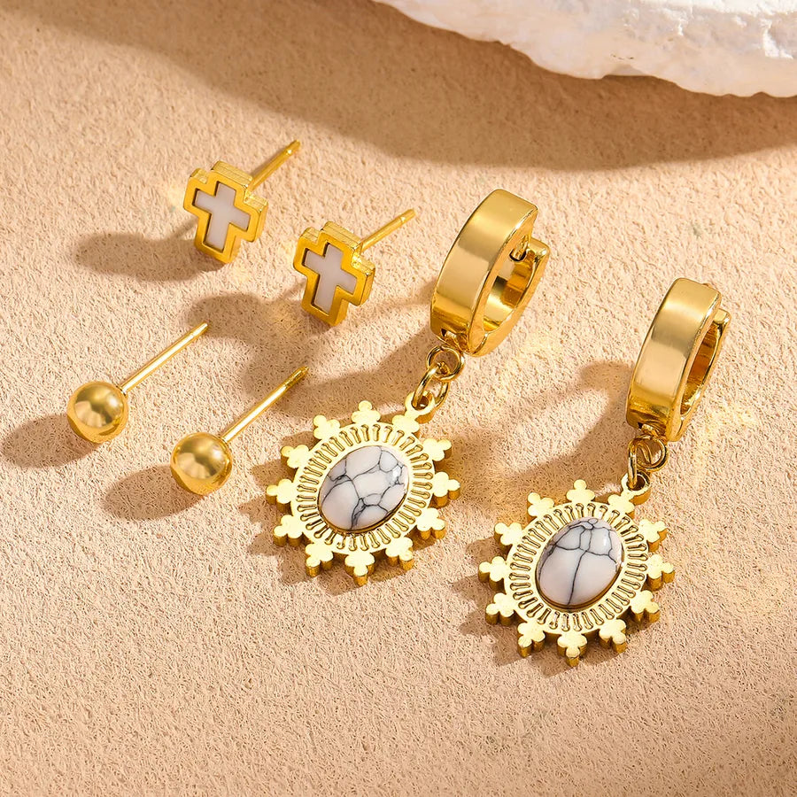 Gold Plated Cross Titanium Steel Earrings – 3 Pairs