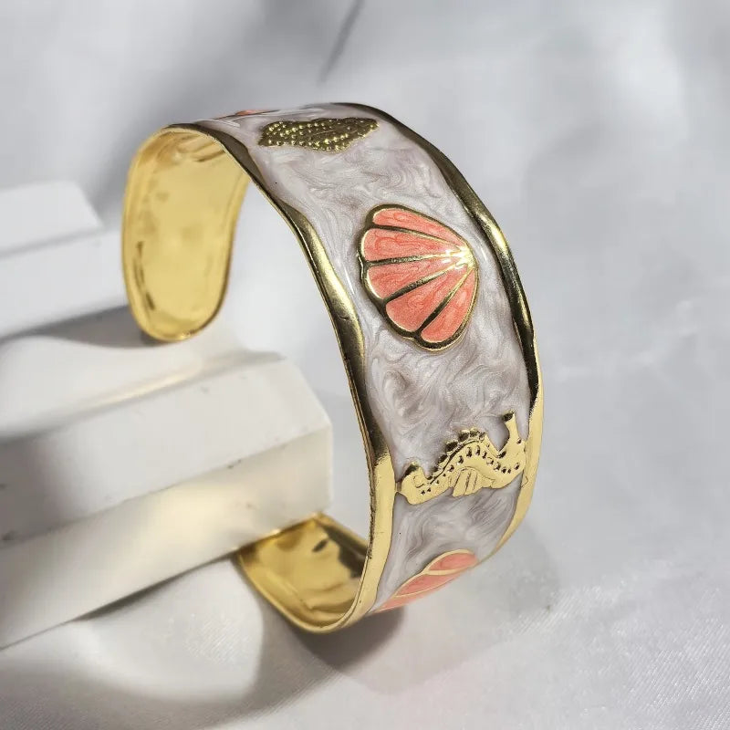 Gold Starfish & Shell Stainless Steel Bangle Orange Shell