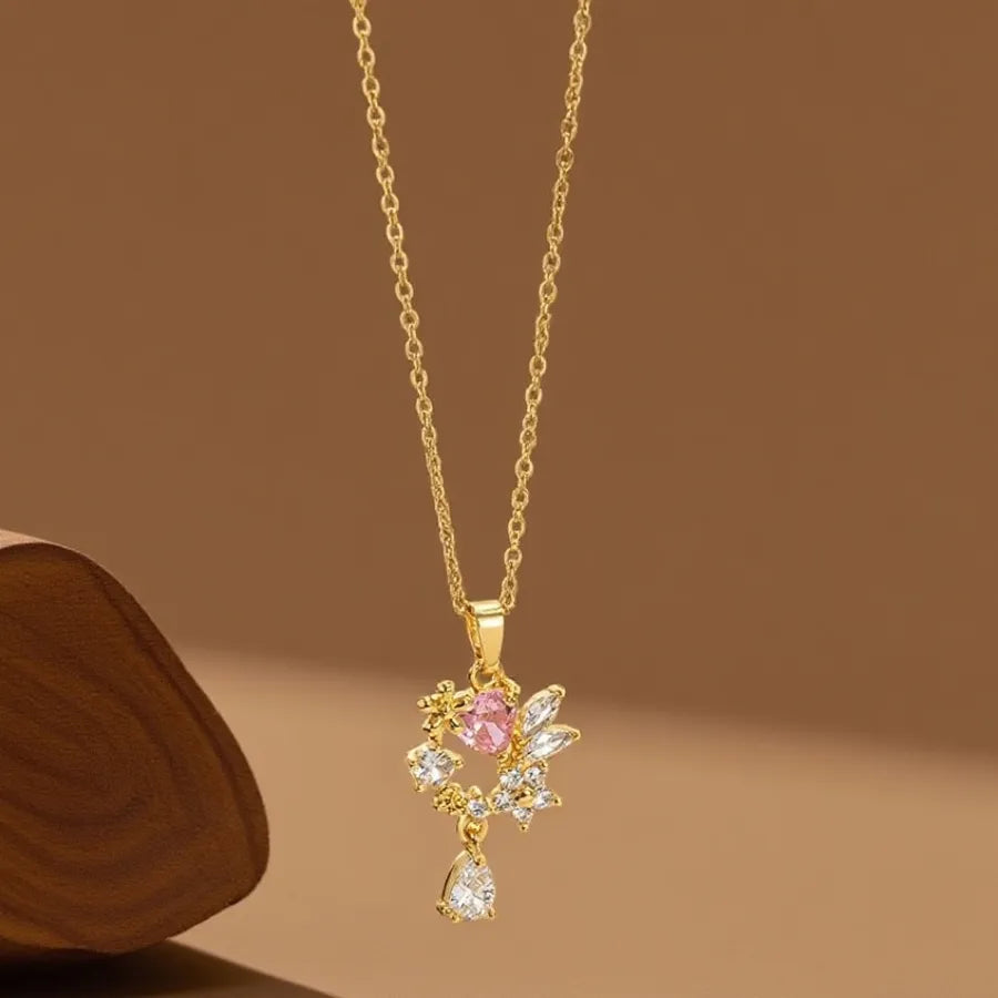 Geometric Titanium Steel Necklace for Women X08277 [Copper Pendant] Pink Diamond Flower Water Drop Necklace - Gold