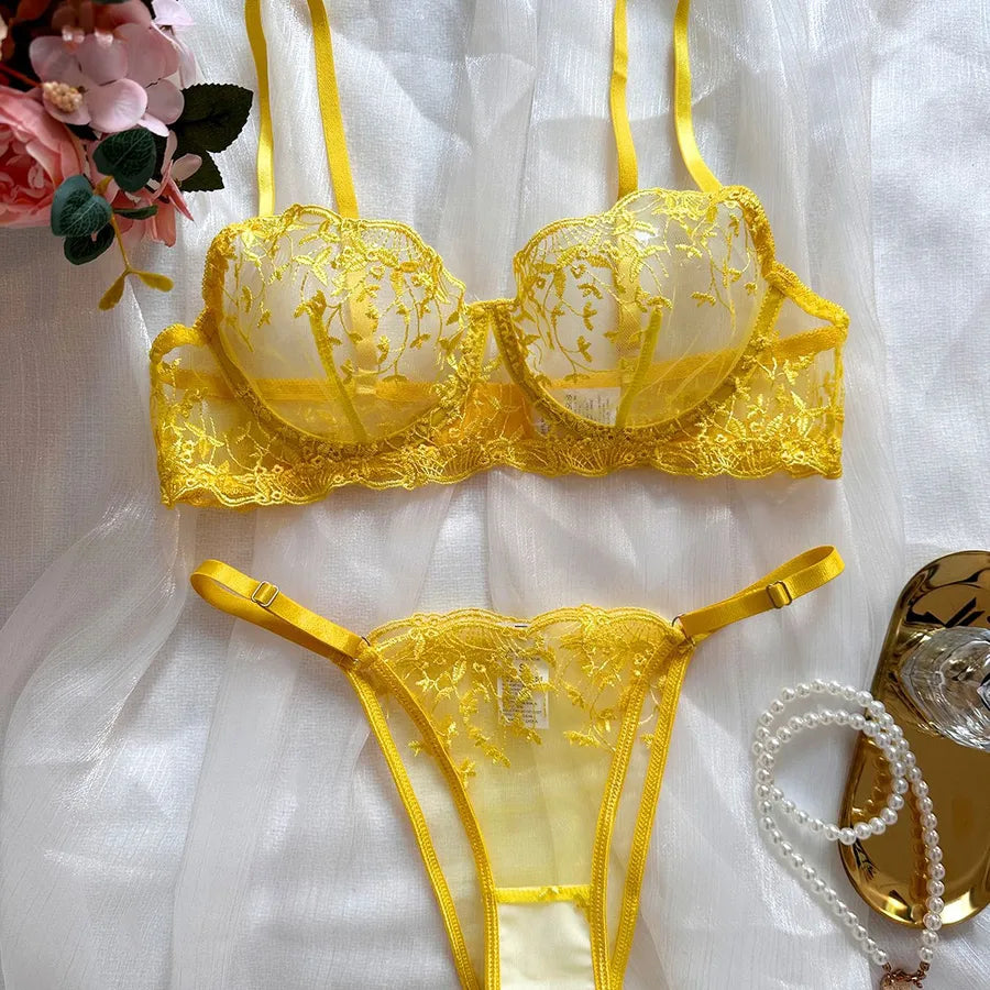 Women's Sheer Floral Lingerie Set S Yellow