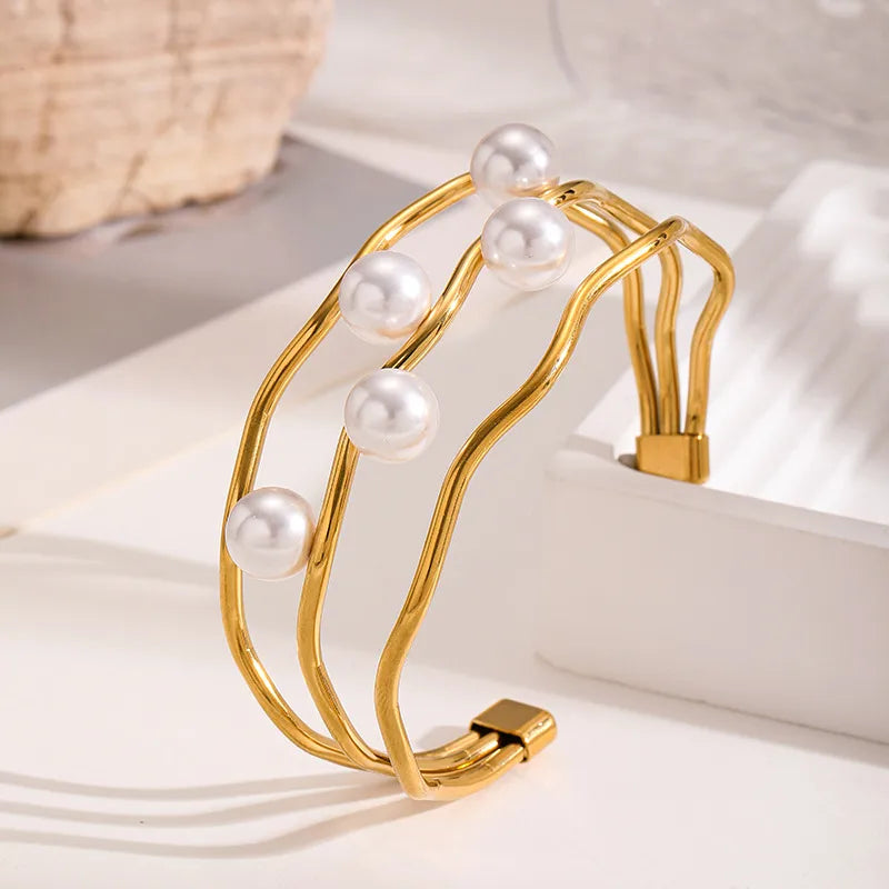 18K Gold Titanium Steel Pearl Bangle