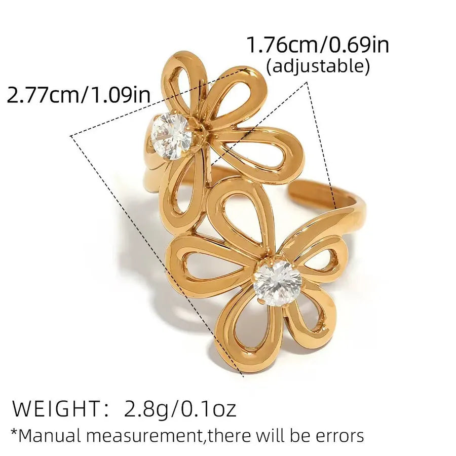 18K Gold PVD Geometric Stainless Steel Pendant adjustable Gold 1 Piece Flower Zircon Open Ring