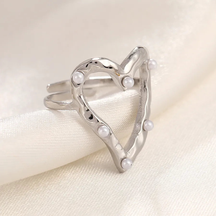 Gold Plated Zircon Heart Ring – Adjustable Open Band Adjustable Opening Steel Color Love Pearl