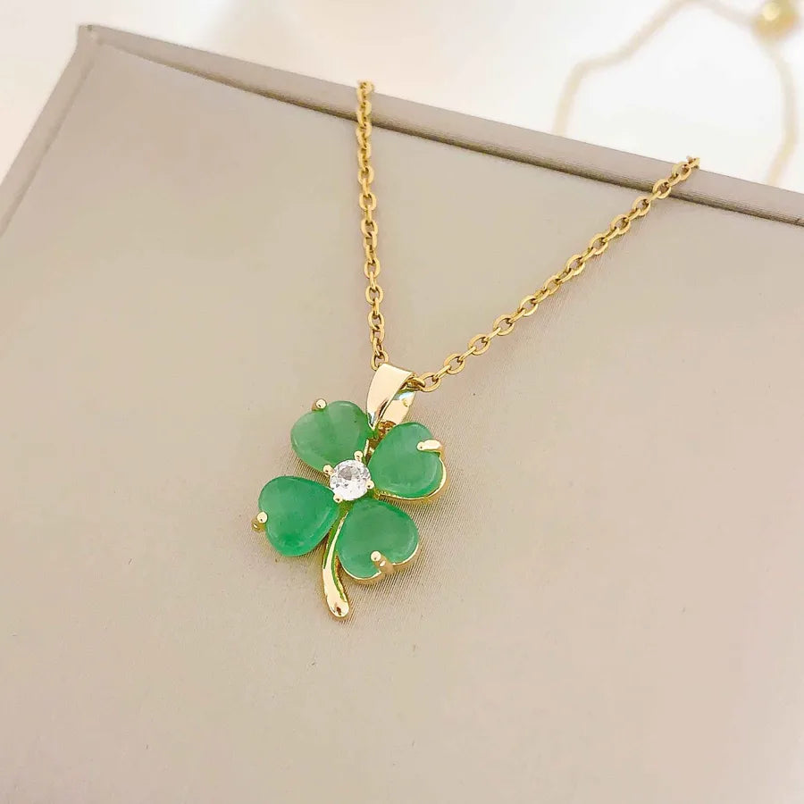 Titanium Steel Heart Clover Necklace XL293 Green Cat's Eye Four-Leaf Clover Necklace Gold