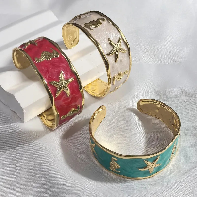 Gold Starfish & Seahorse Stainless Steel Bangle