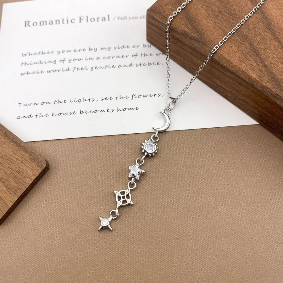 Gold Plated Sun Moon Star Pendant Necklace XL5141 Moon Star Tassel Necklace Silver