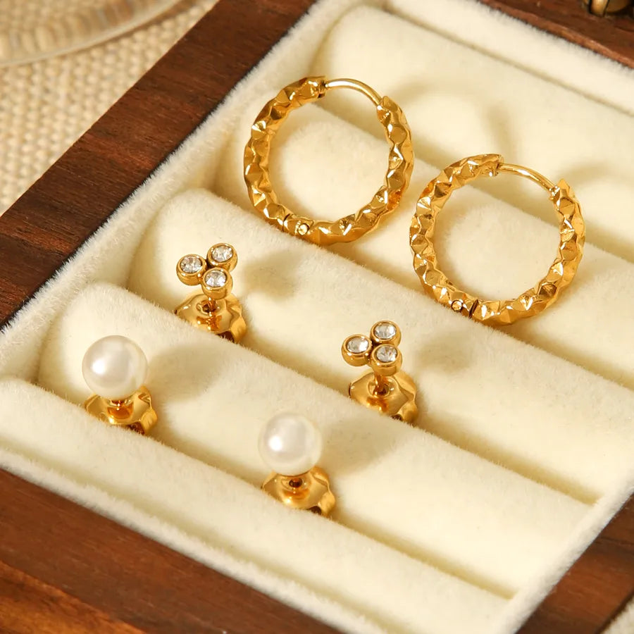 Gold Geometric Pearl & Zircon Stud Earring Set