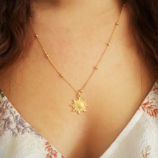 Gold Sun Pendant Stainless Steel Necklace