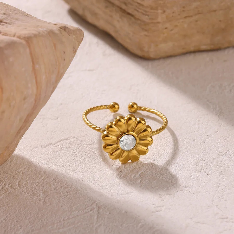 Retro Gold Zircon Flower Ring for Women Adjustable Opening G9098299