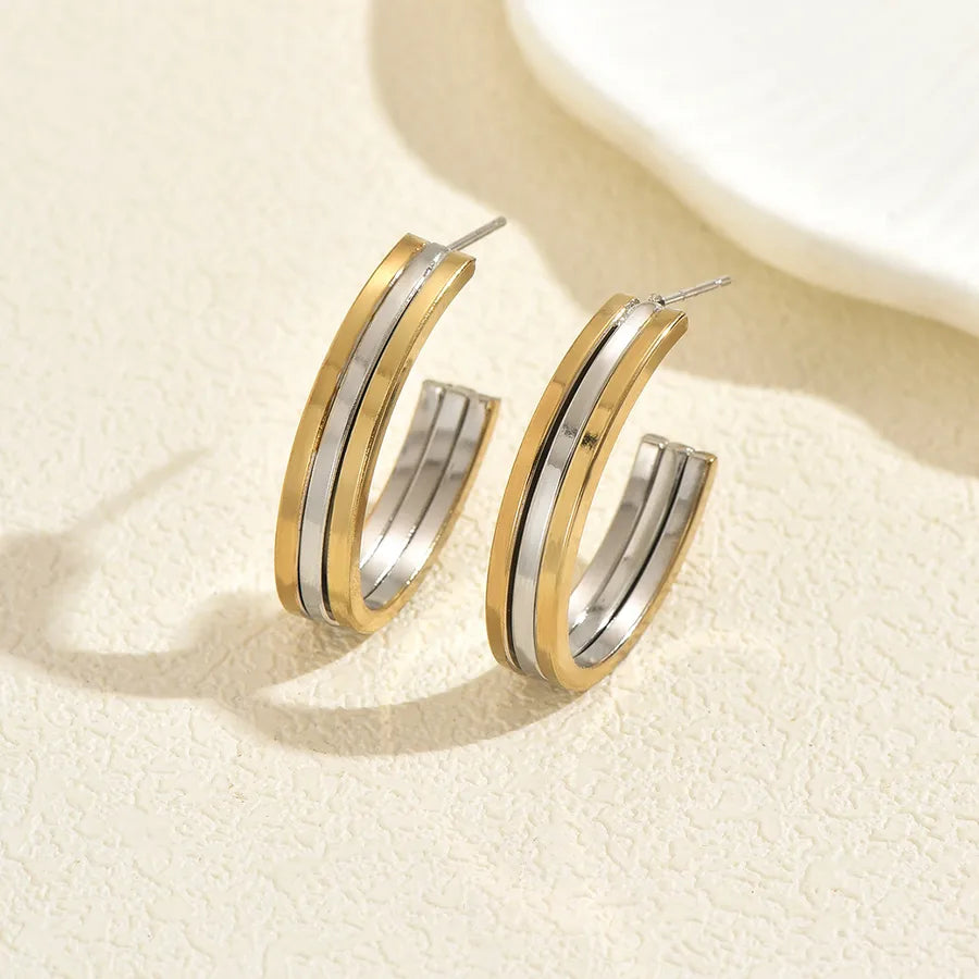 Gold-Plated Stainless Steel Oval Hoop Earrings Average Size Multicolor