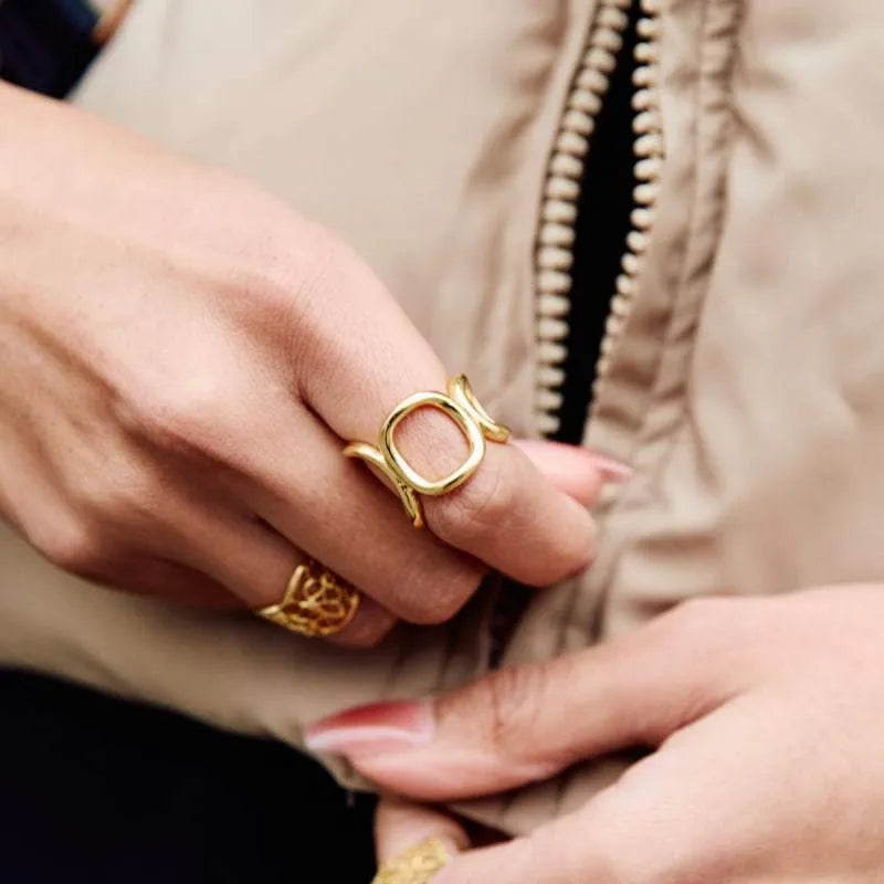 Geometric Titanium Steel Ring – Unisex Gold Plated