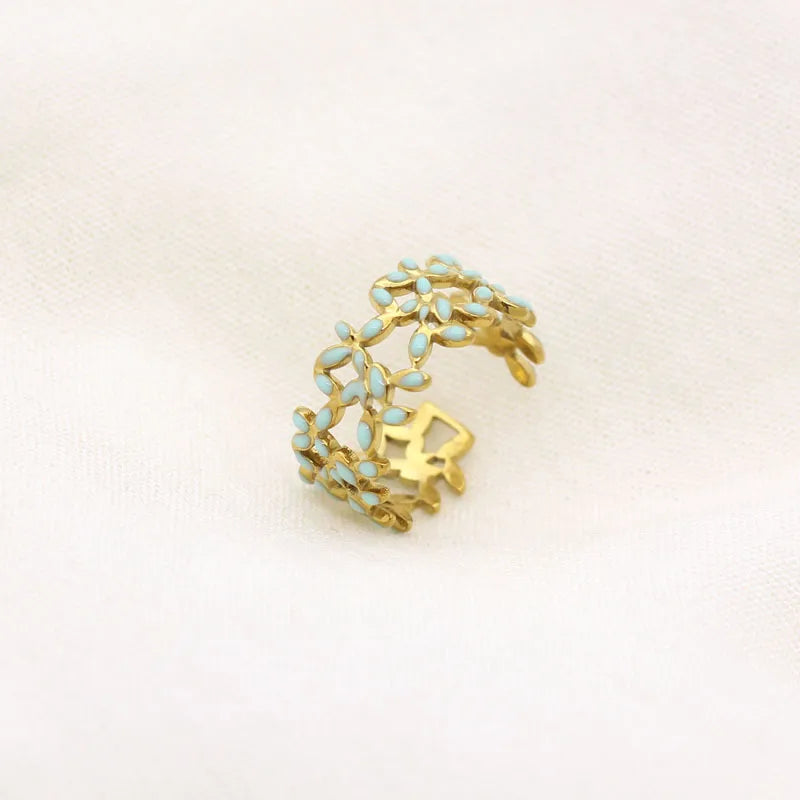 Leaf Enamel Stainless Steel Open Ring for Women Style 20