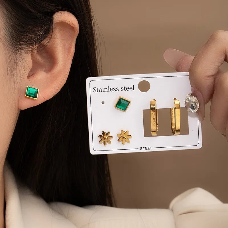 Green Zirconia Oval Titanium Steel Stud Earrings