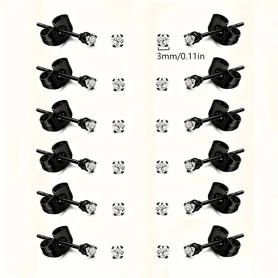 Unisex 12-Pair Stainless Steel Stud Earrings Set