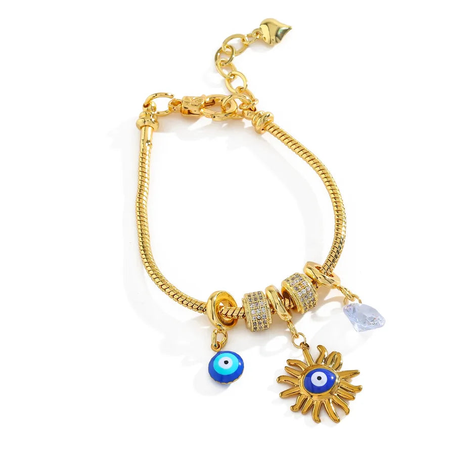 14K Gold Sun & Eye Charm Stainless Steel Bracelet 16 4cm Long