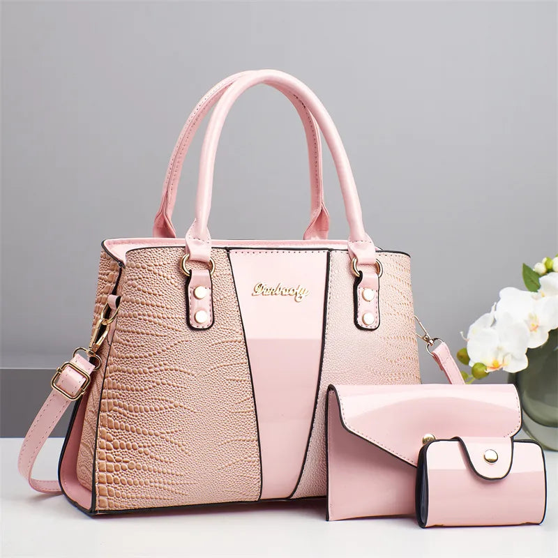 3-Piece Crocodile Pattern PU Shoulder Bag Set Pink 30*11*22cm
