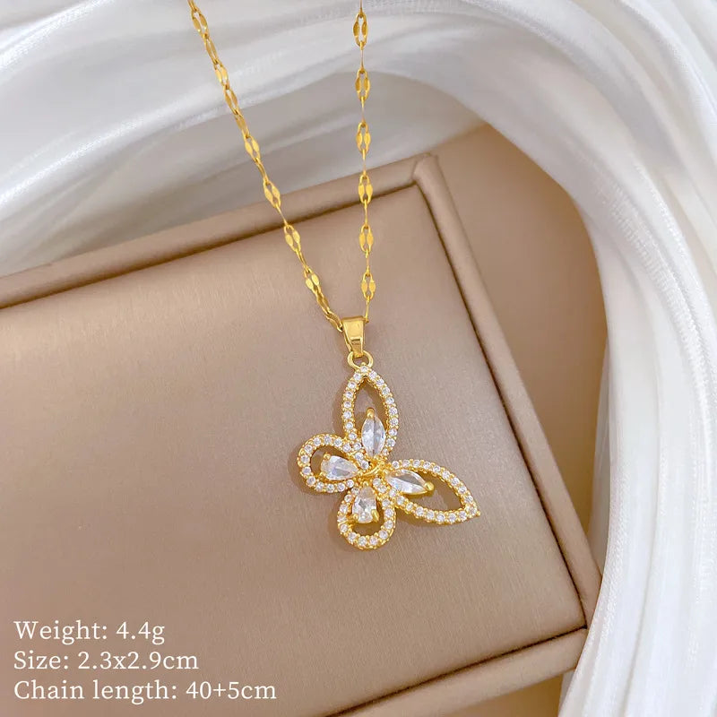 Gold Butterfly Zircon Pendant Necklace J302 White