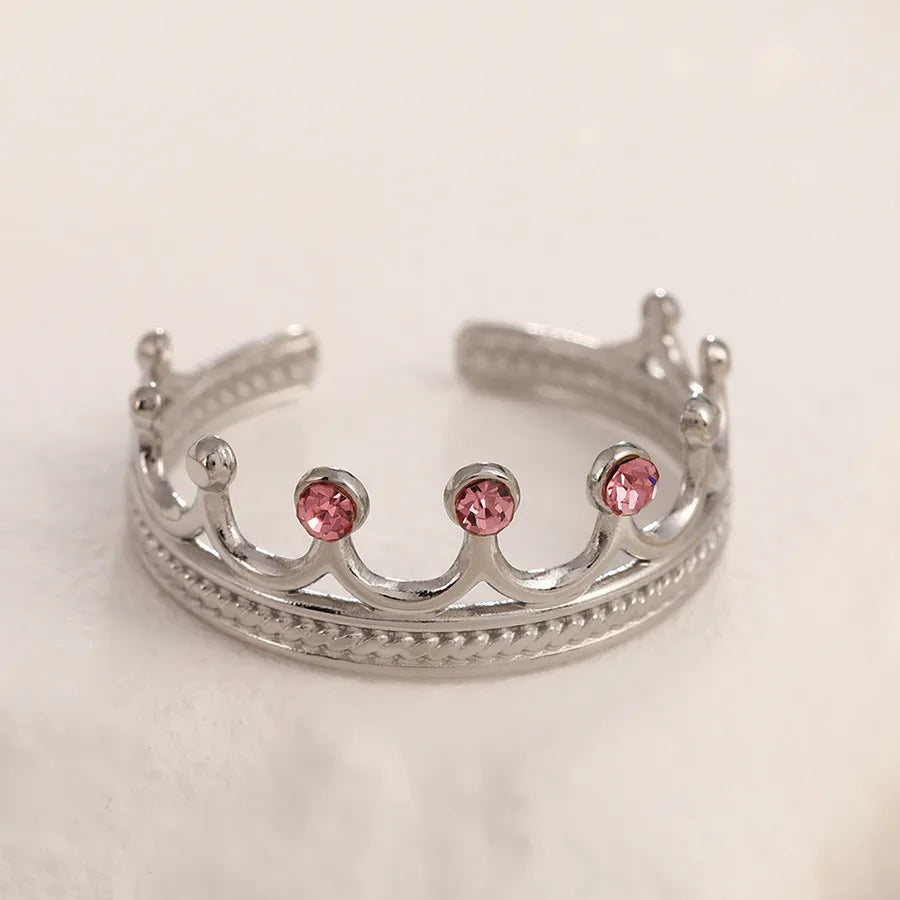 Adjustable Gold Crown Ring in Stainless Steel Adjustable Opening Steel color crown pink diamond