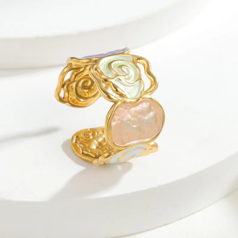 18K Gold Plated Enamel Stainless Steel Ring R882-light Colorful
