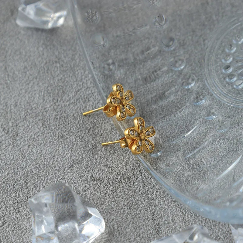 18K Gold Plated Zircon Flower Stud Earrings