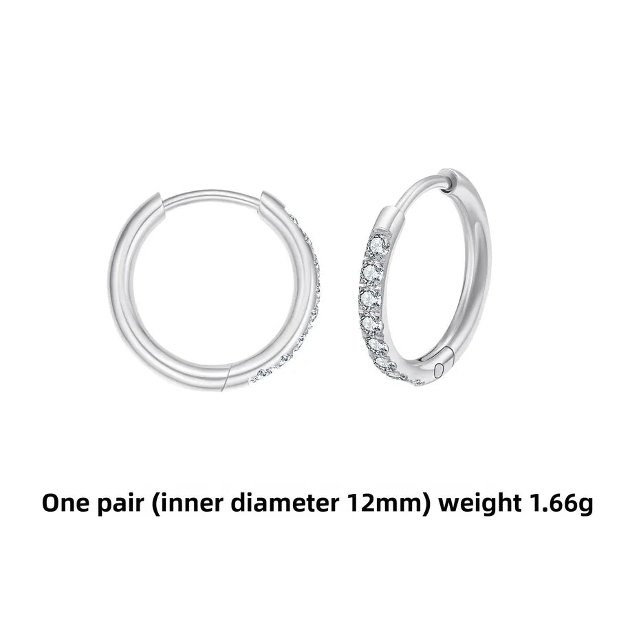 Gold Stainless Steel Hoop Earrings with Zirconia Silver pair 2.0*12mm Stainless Steel Pair
