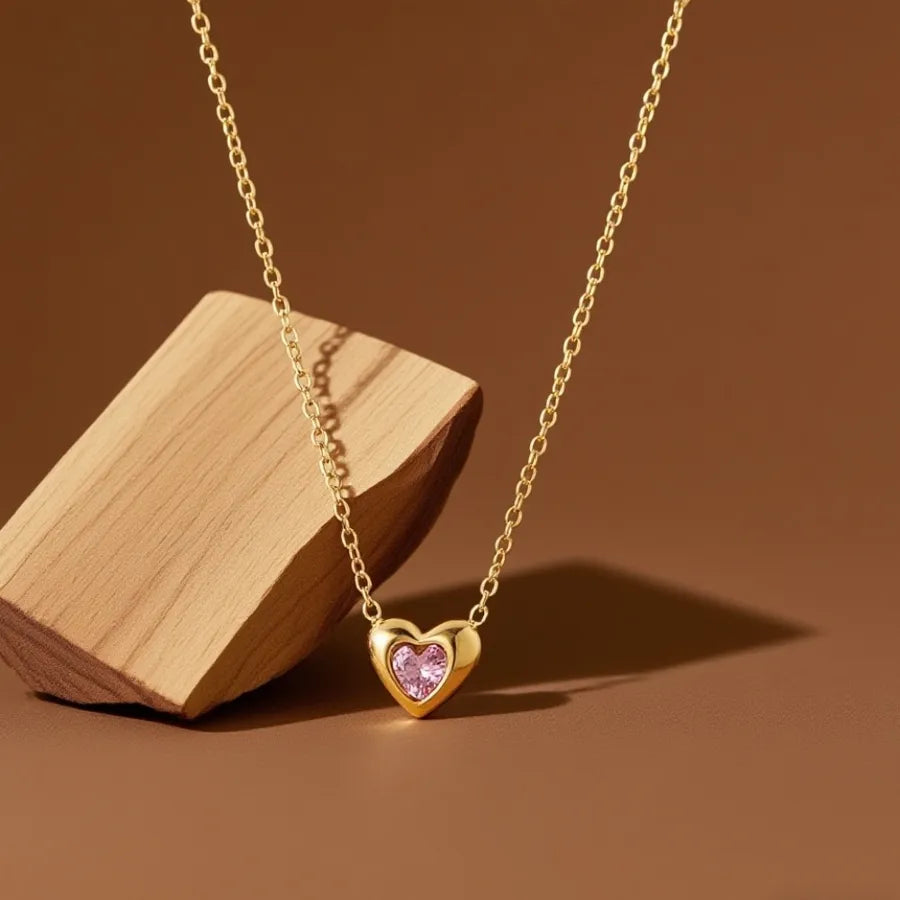 Elegant Titanium Steel Pendant Necklace X06172-Pink Diamond Heart Necklace- Gold
