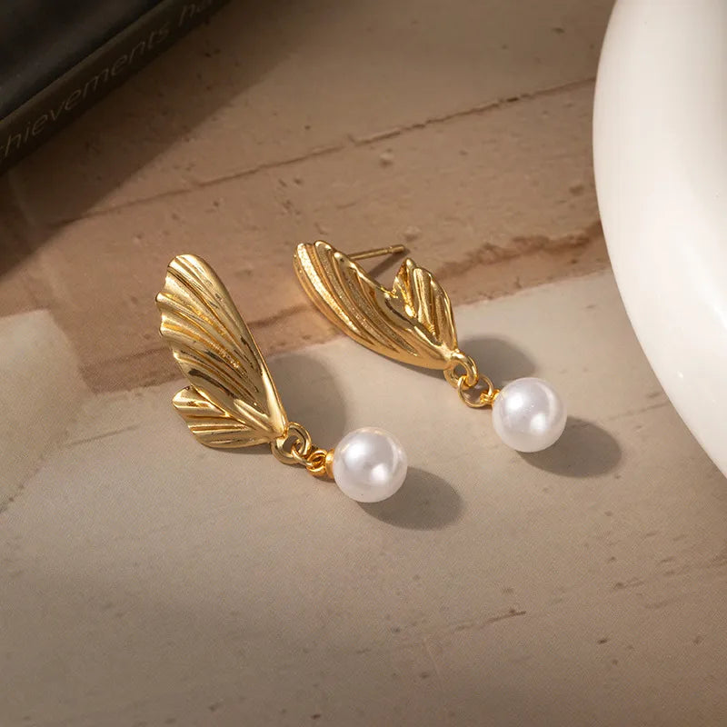 Titanium Steel Butterfly Pearl Drop Earrings