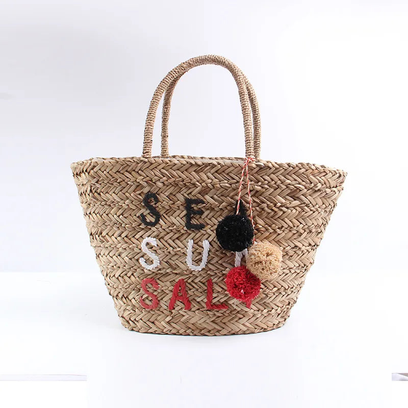 Women's Color Block Straw Bucket Beach Bag